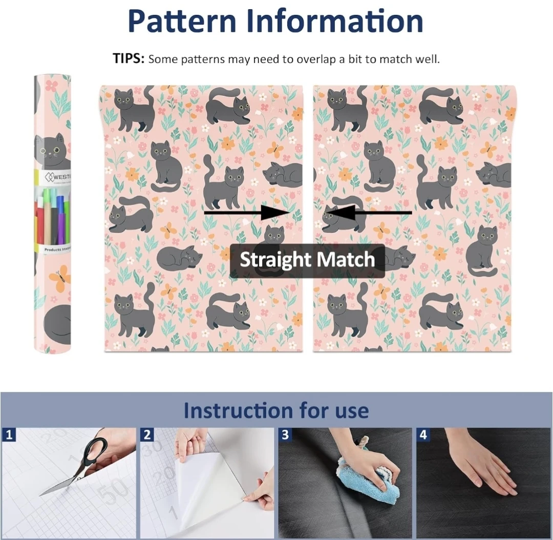 WESTICK Pink Cute Cat Self Adhesive Boho Floral Contact Paper - photo 5