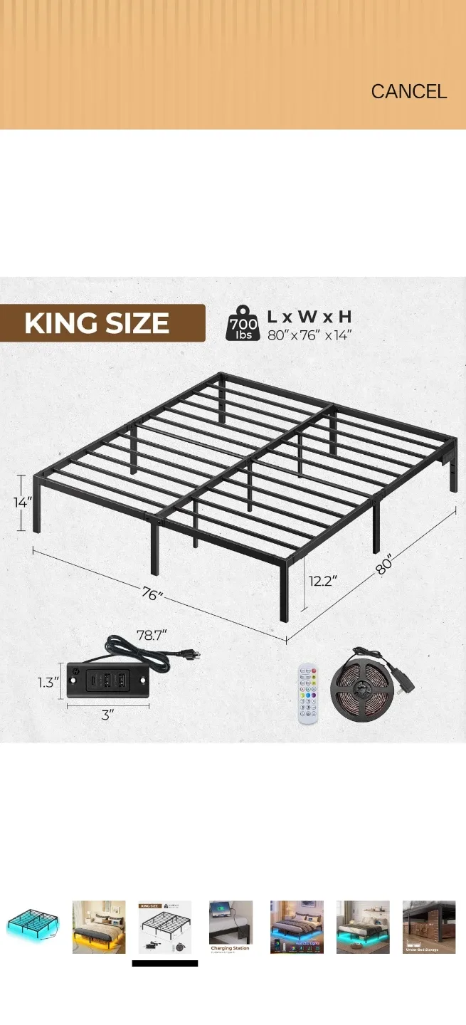 King Size Metal Bed Frame with LED Lights and Charging Station - photo 3