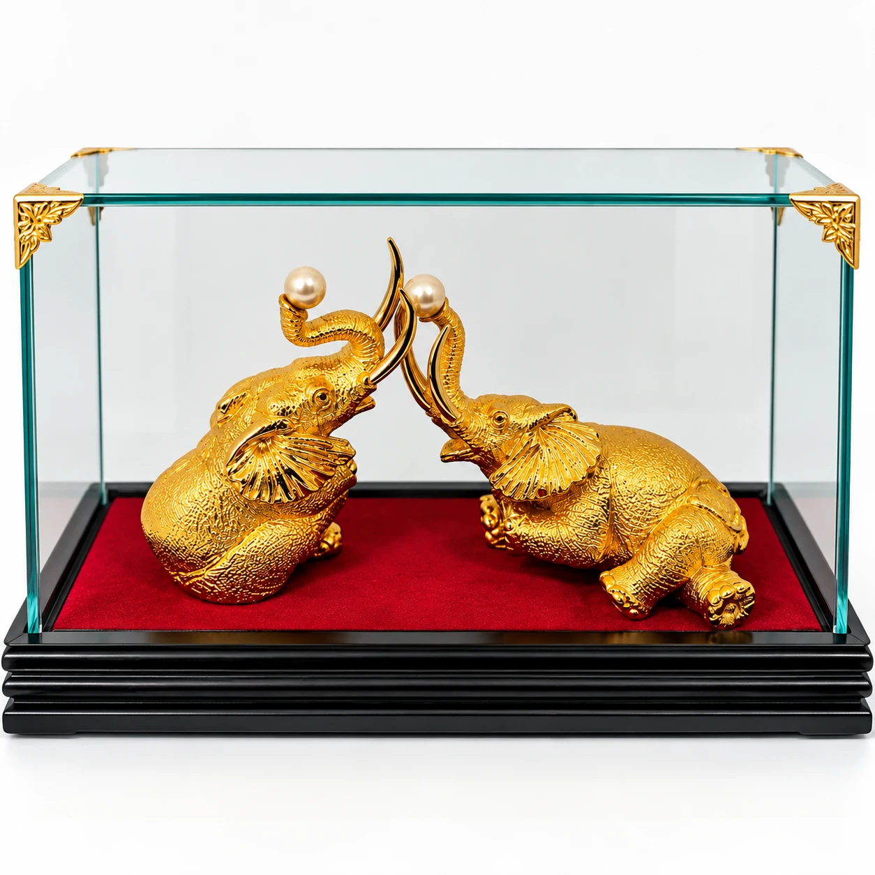 Vintage 24K Gold Plated Elephant Pair Glass Display Case