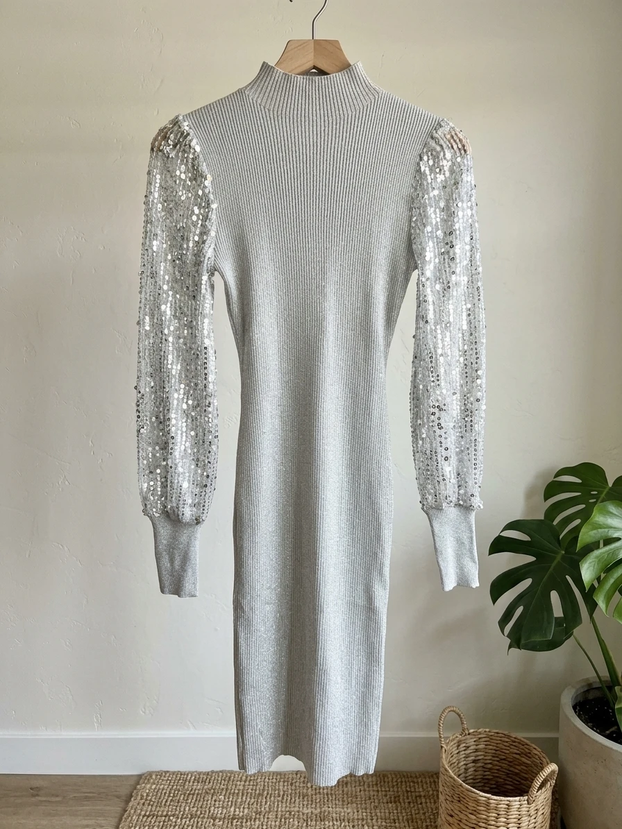 Silver Sequin Sleeve Mock Neck Dress