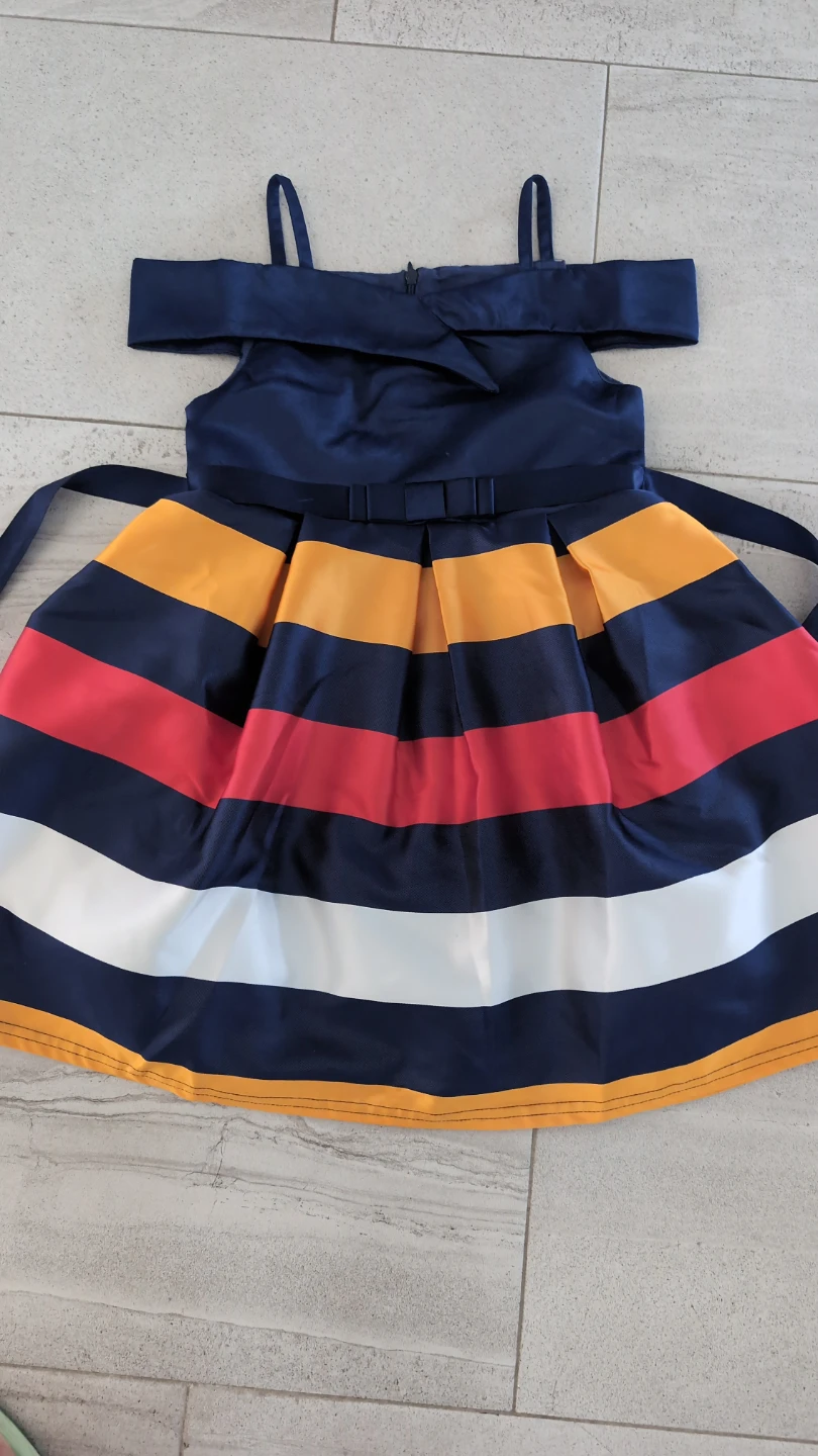 Girls Navy Striped Cold-Shoulder Dress