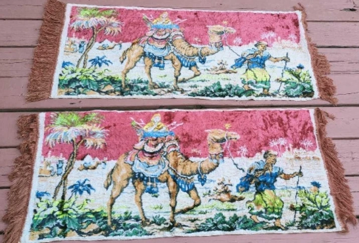 Two Italian Vintage Velvet Camel Tapestry Wall Hangings