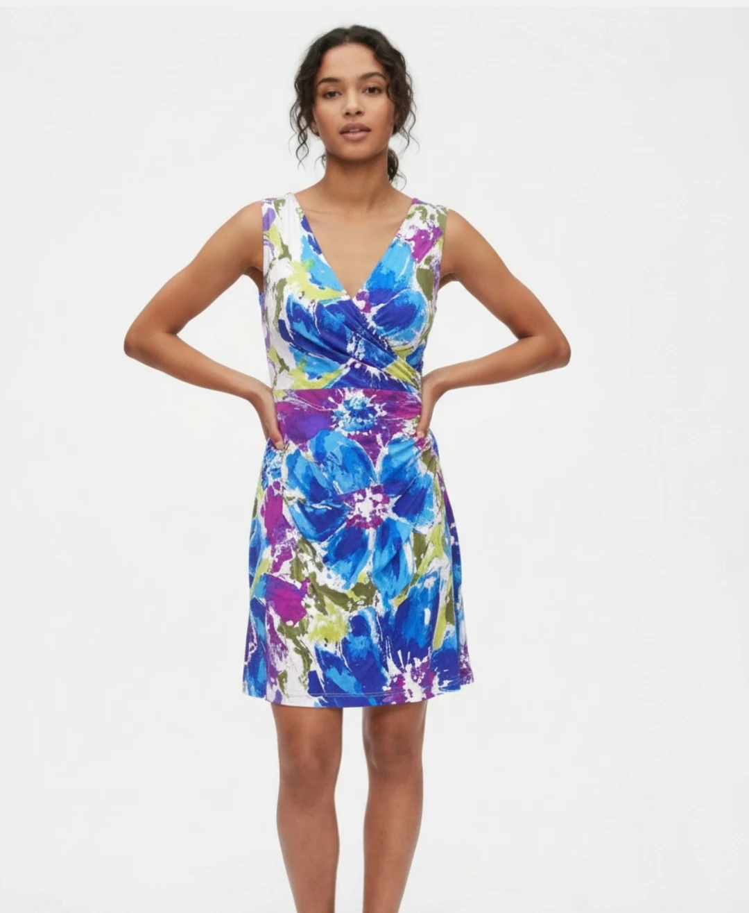 Summer crossover sleeveless dress blue floral watercolour