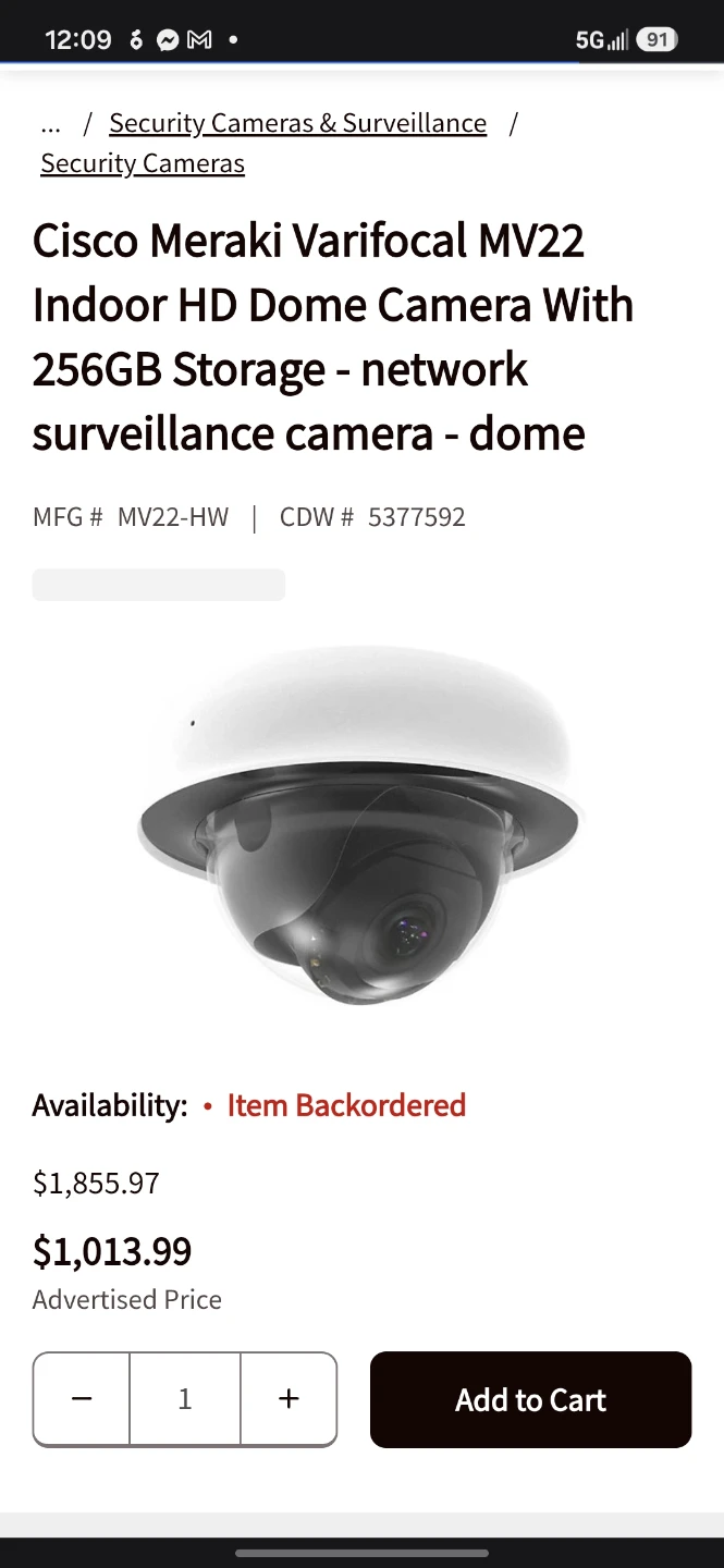 Cisco Meraki Varifocal MV22 Indoor HD Dome Camera