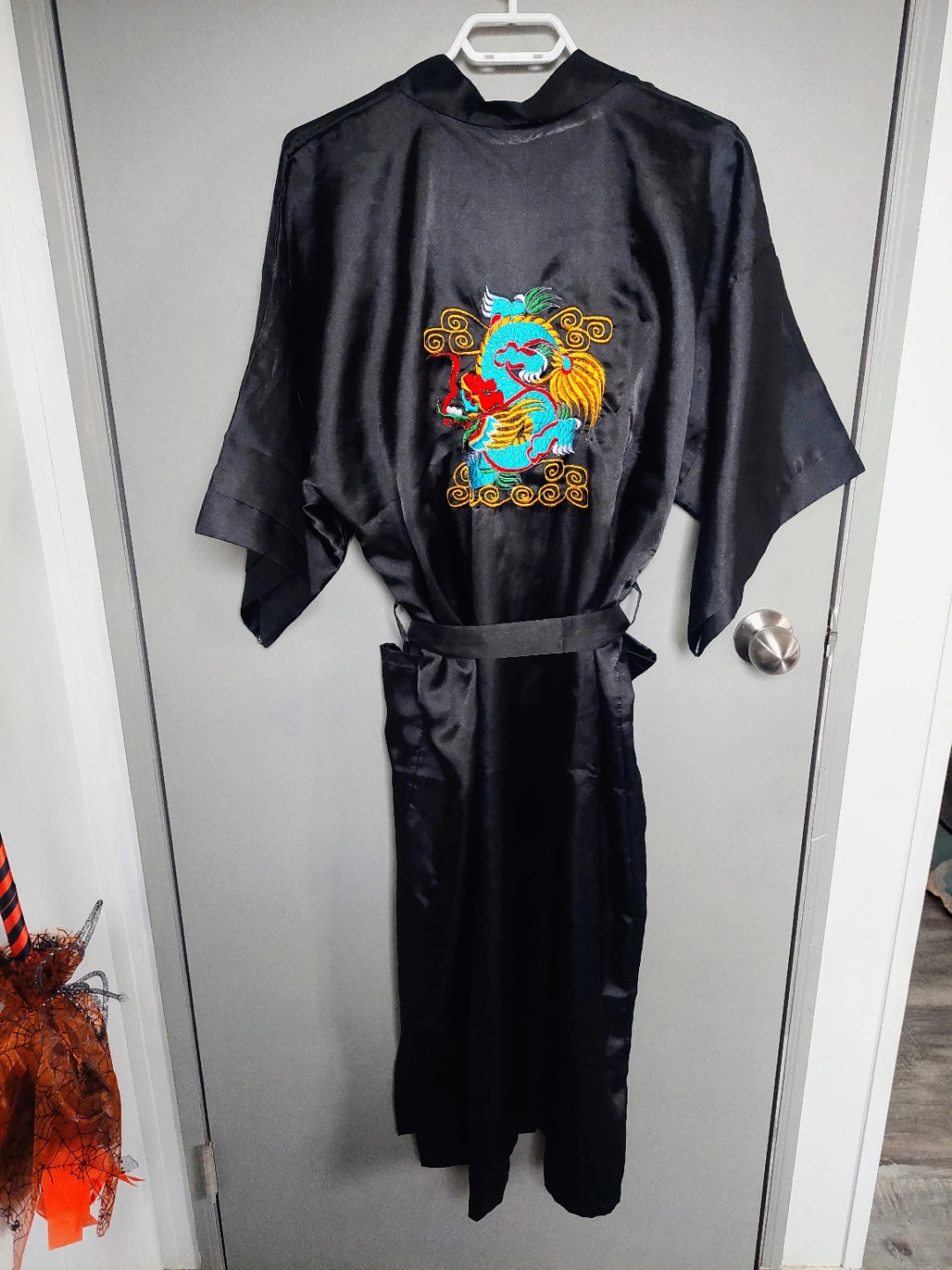Black Silk-Look Dragon Embroidered Robe