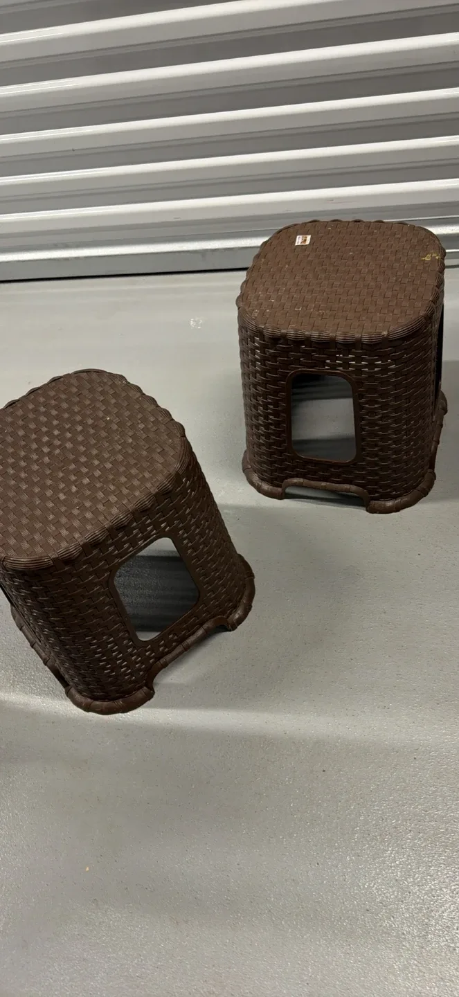 Set of Two Brown Rattan-Style Stools