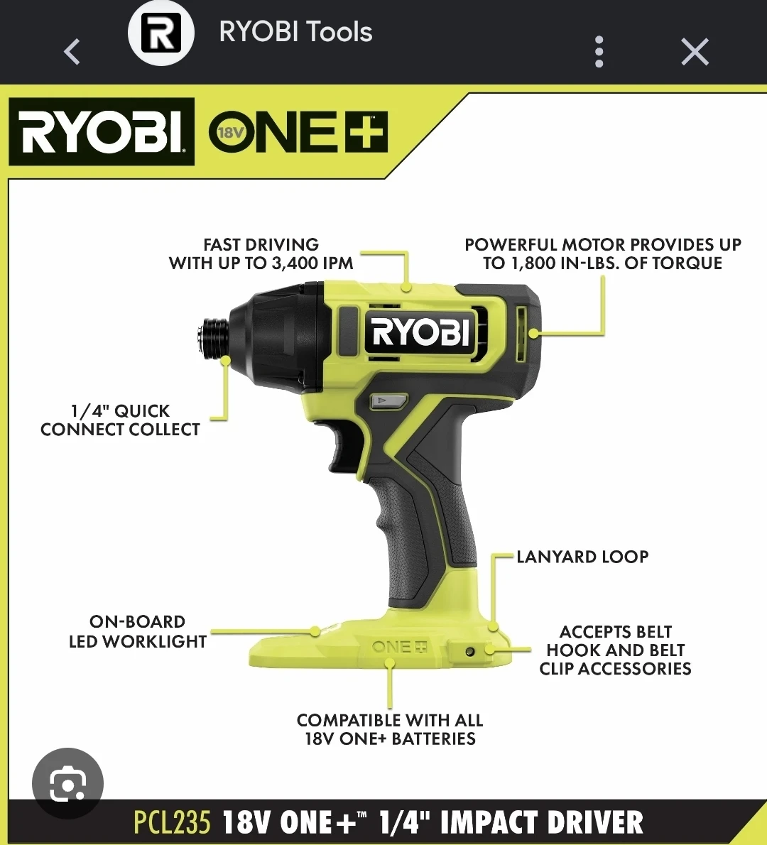 Ryobi 18V One+ PCL235 Impact Driver