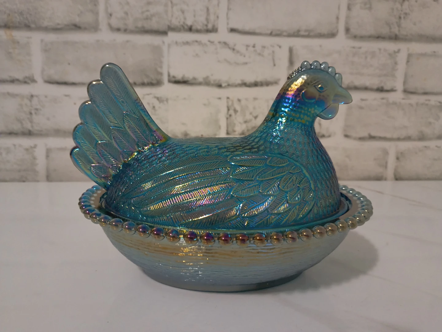Vintage 7" Indiana Iridescent Blue Glass Hen on Nest Dish