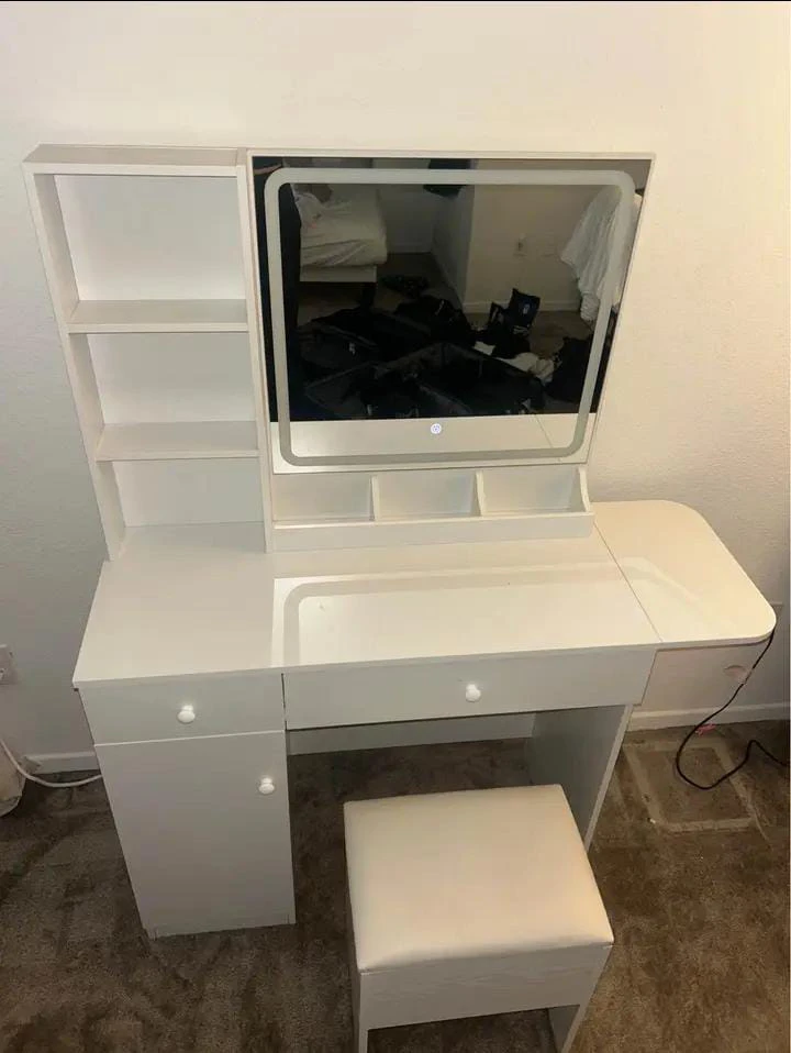 White Vanity Table with LED Mirror and Stool - photo 2