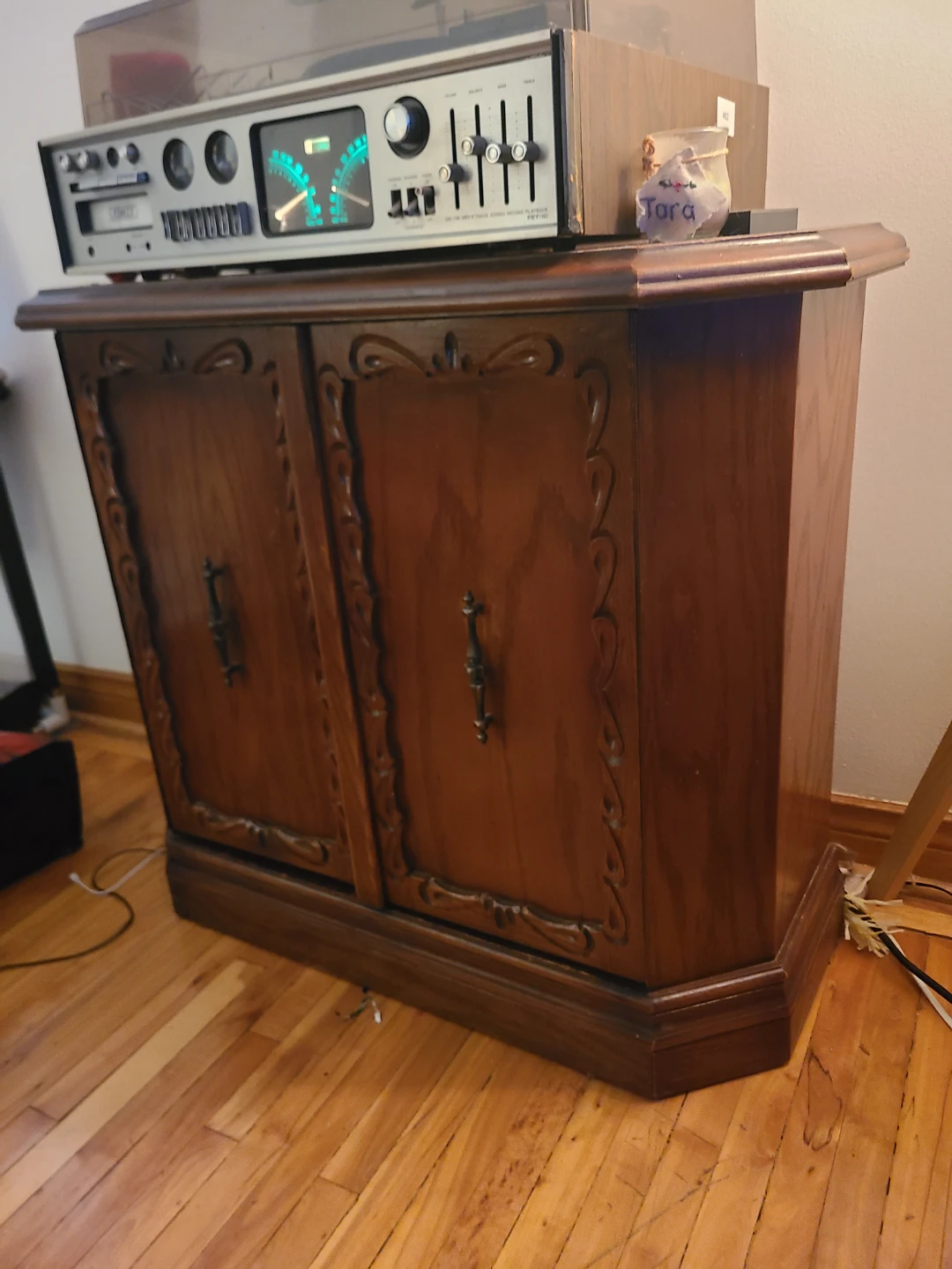 Vintage Carved Wood 2-Door Storage Cabinet / Record Cabinet