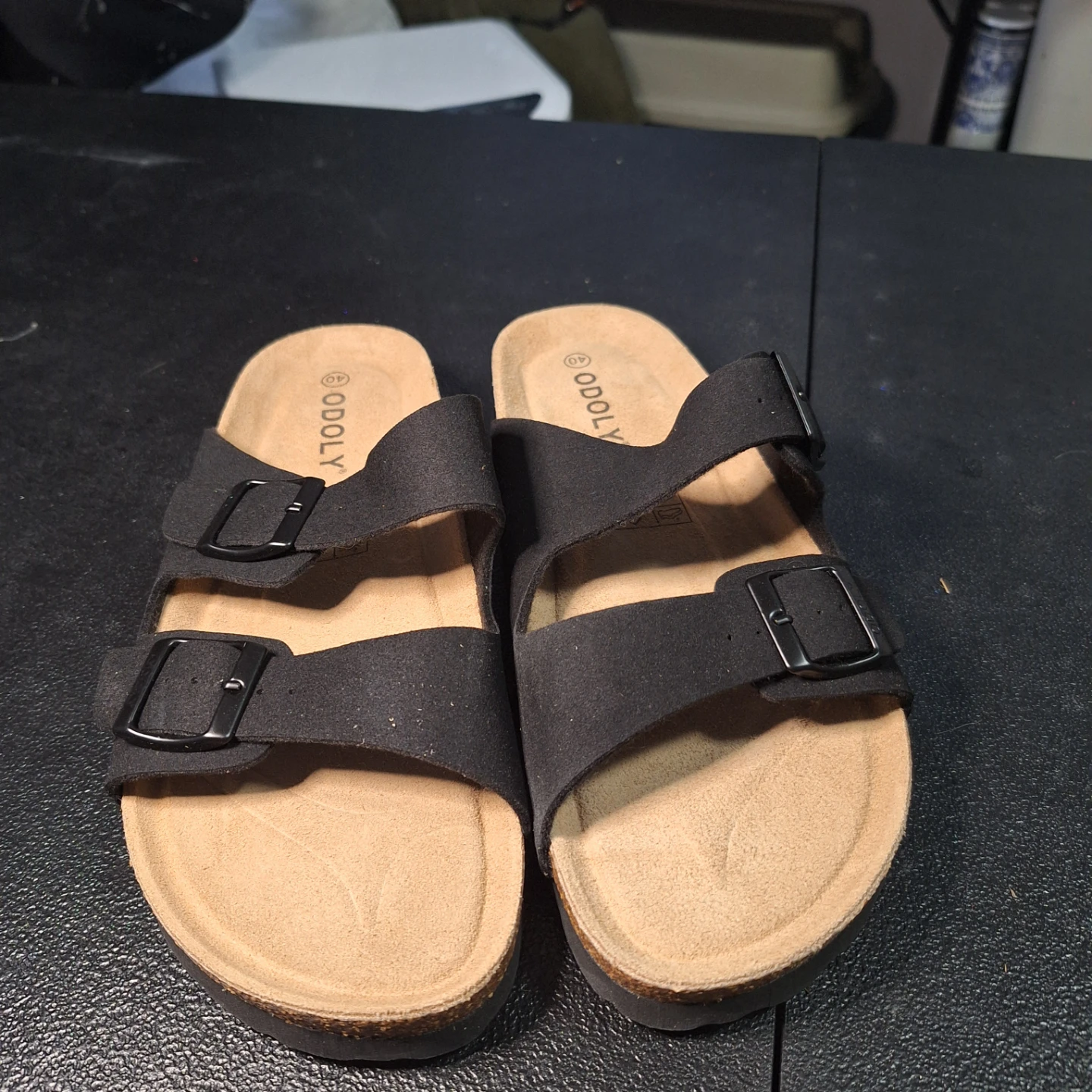 ODOLY Black Double Strap Slides Size 40