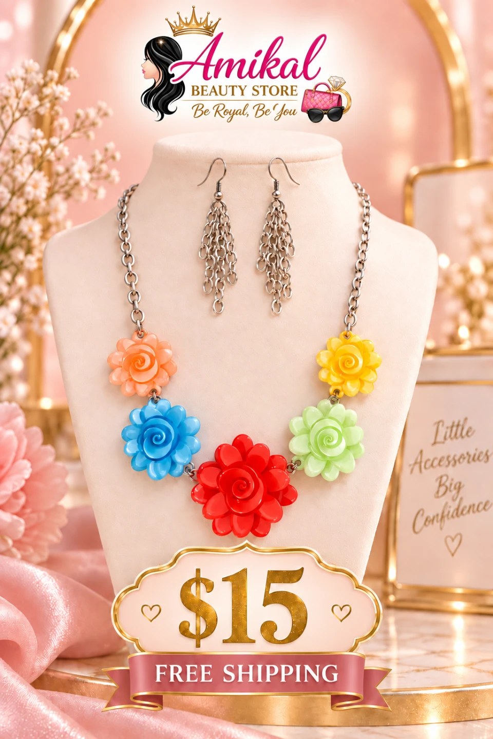 Colorful Floral Necklace and Earrings Set