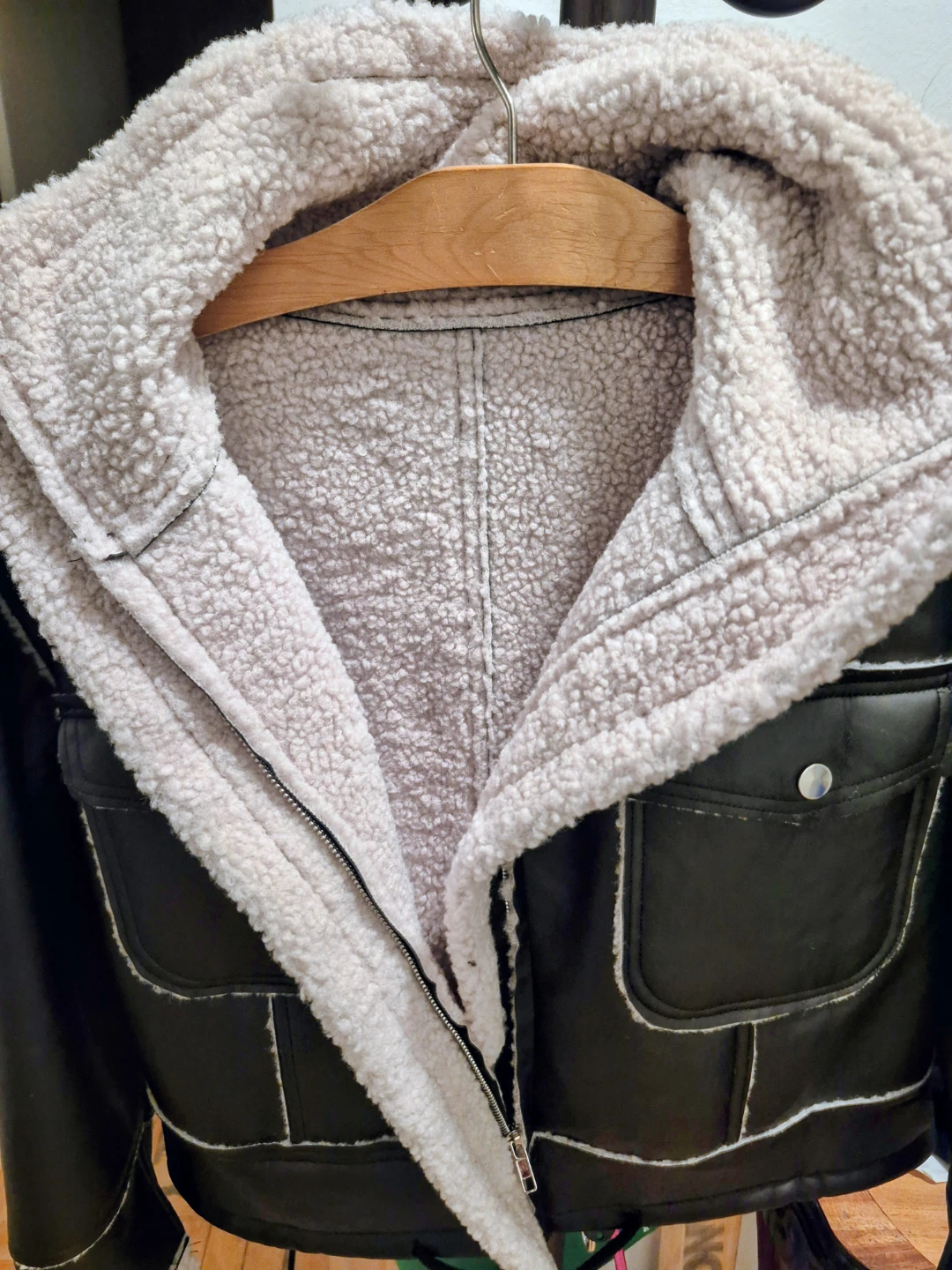 Black Small Faux Leather Jacket with Sherpa Lining - photo 2