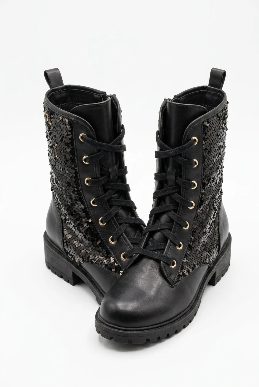 Zara Black Sequined Combat Boots - photo 2
