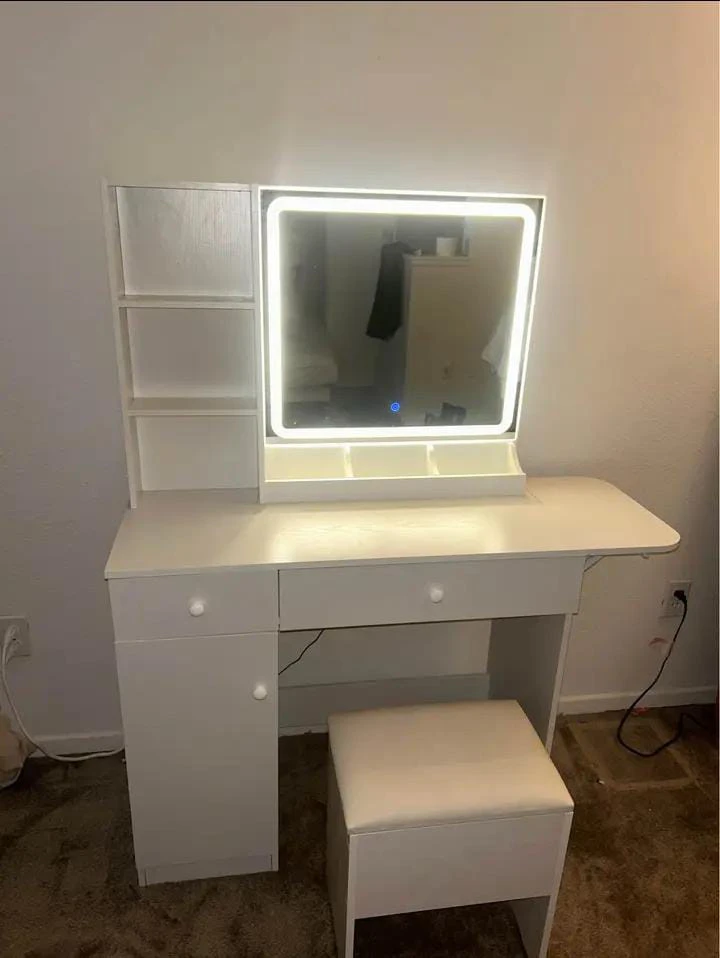 White Vanity Table with LED Mirror and Stool - photo 3