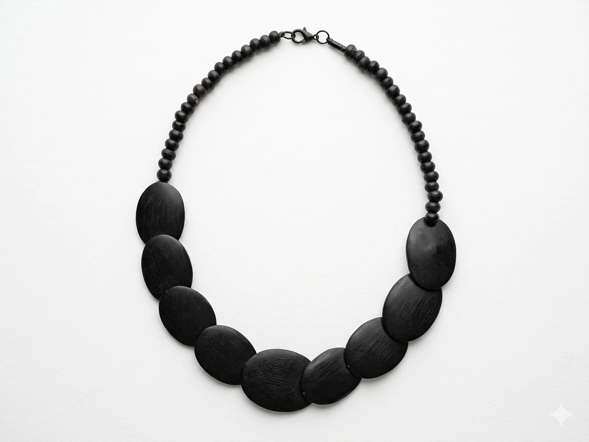 Black Serena Wood Oval Disk Statement Necklace