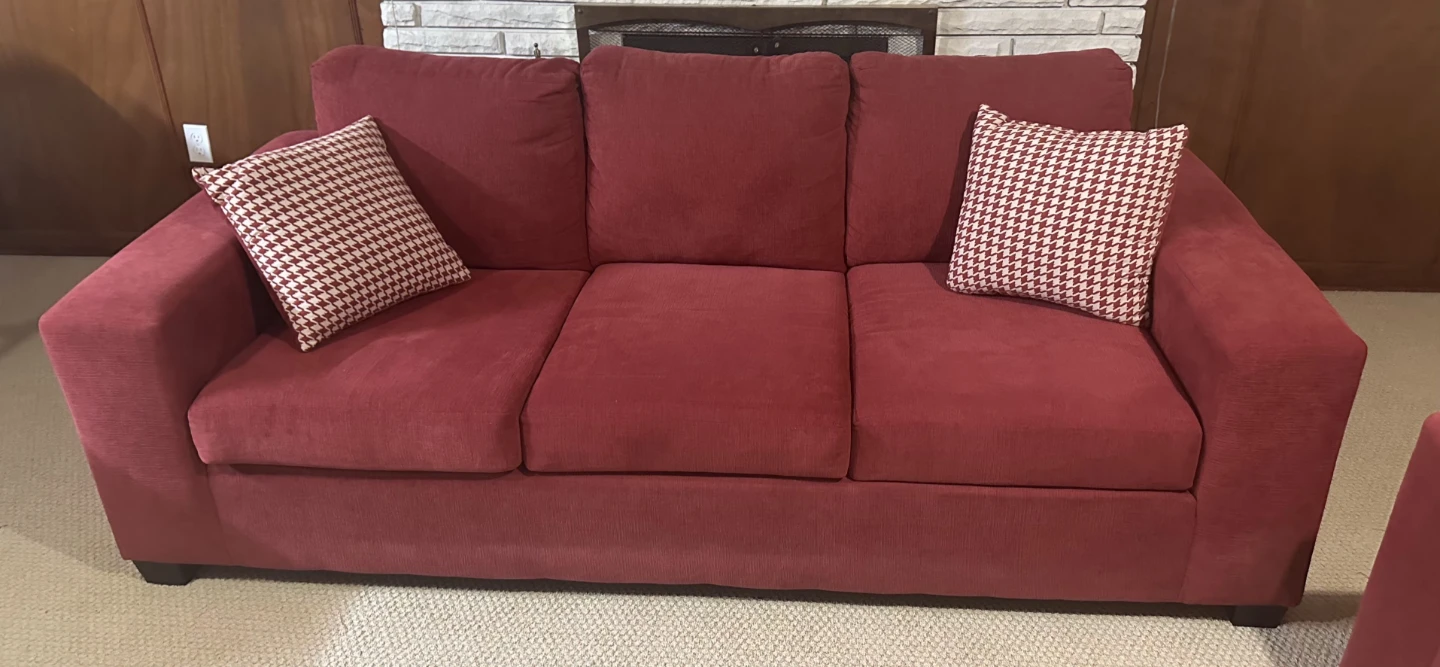 Leon's "Fava" Condo-Sized Red Sofa w/ Houndstooth Pillows - photo 2