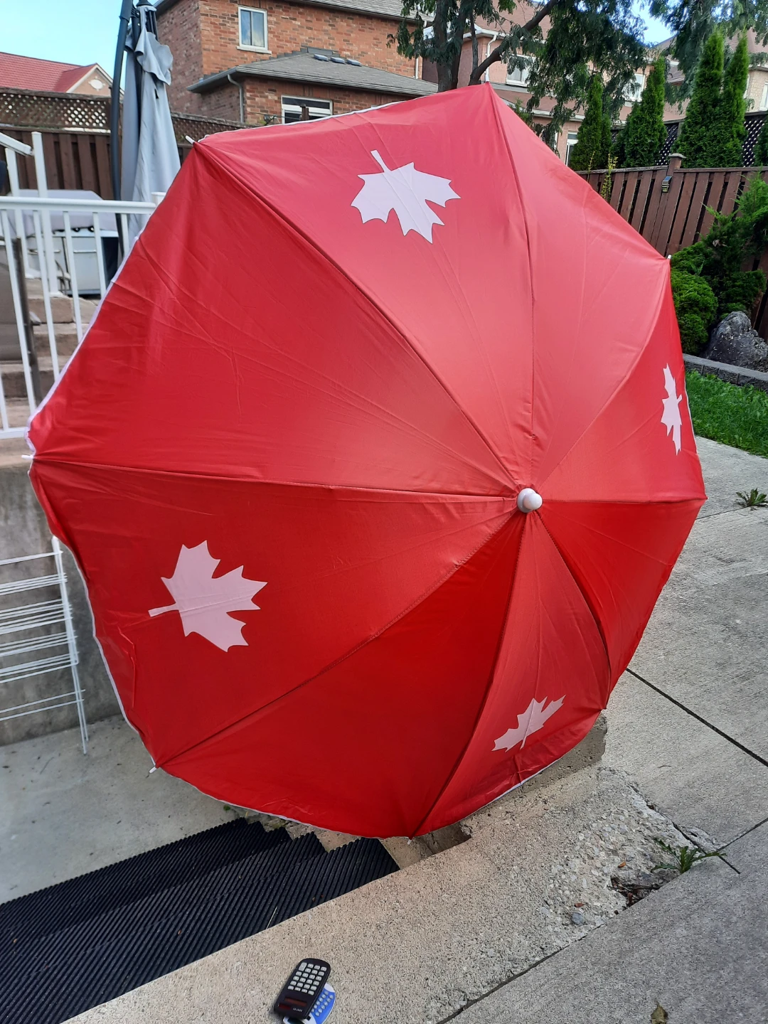 Red Beach Umbrella with Canadian Maple Leafs steel frame