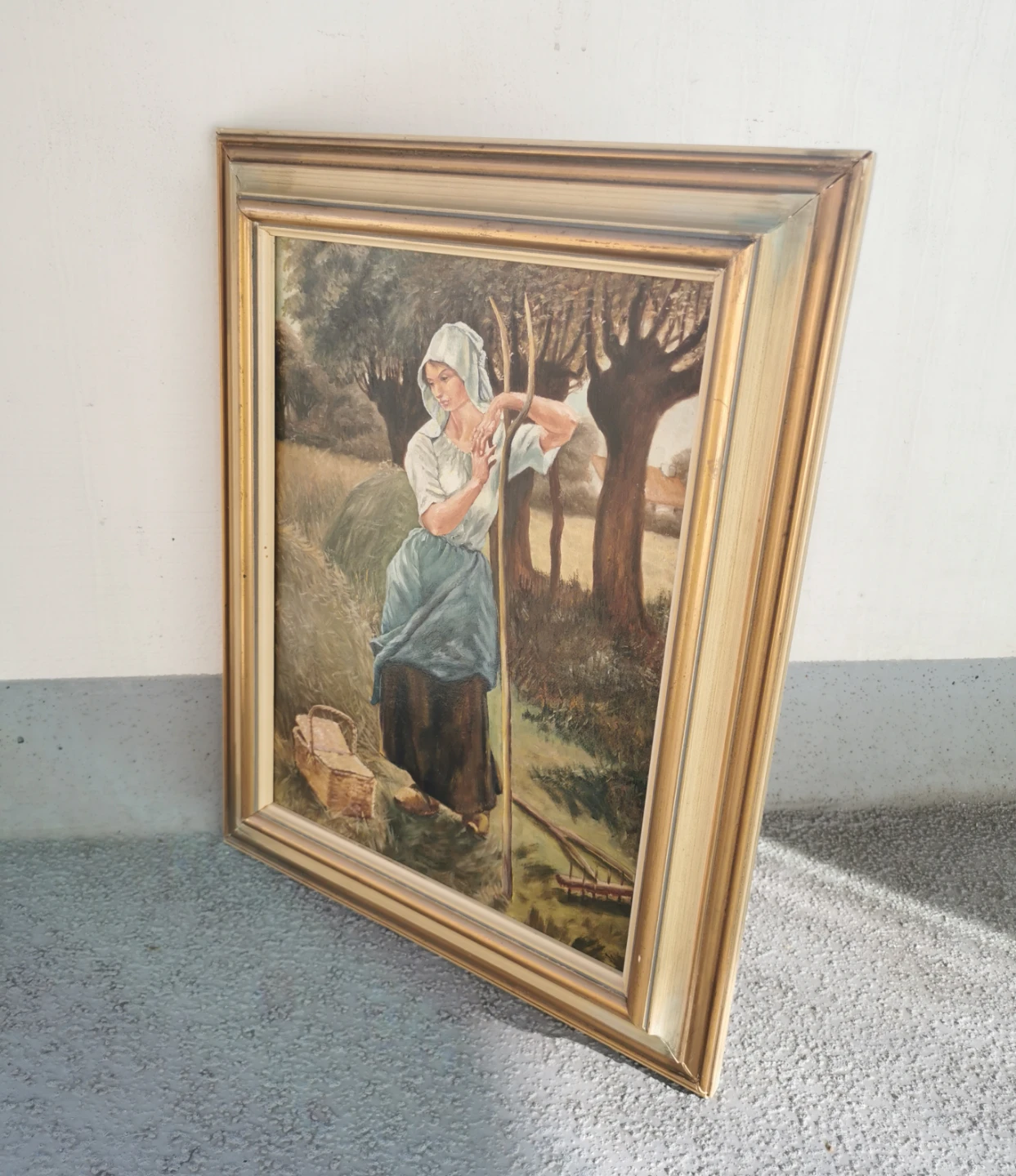 Vintage Hand-Painted European Harvest Scene Oil Painting - photo 3