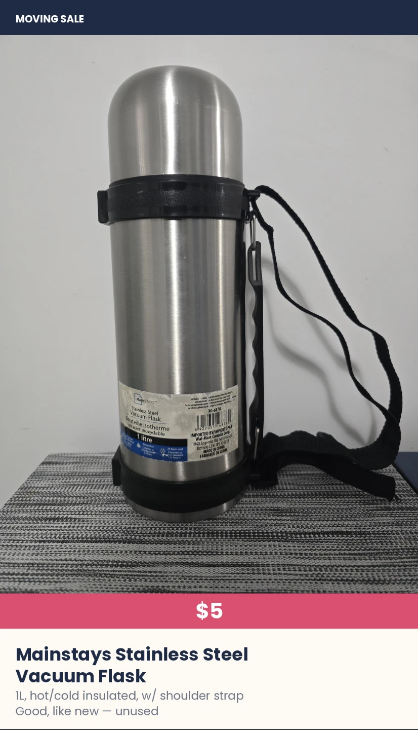 Mainstays Stainless Steel Vacuum Flask 1L