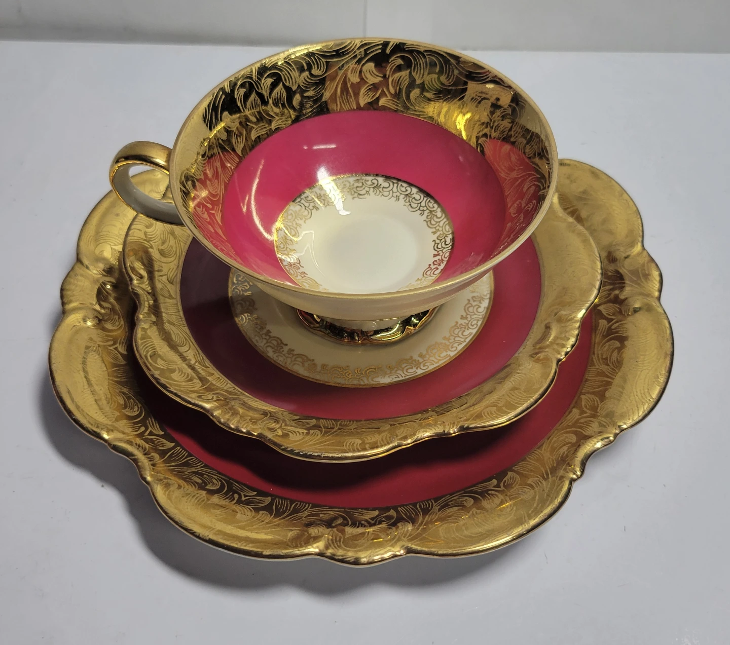 Vintage Gold and Maroon Teacup, Saucer & dessert plate Set