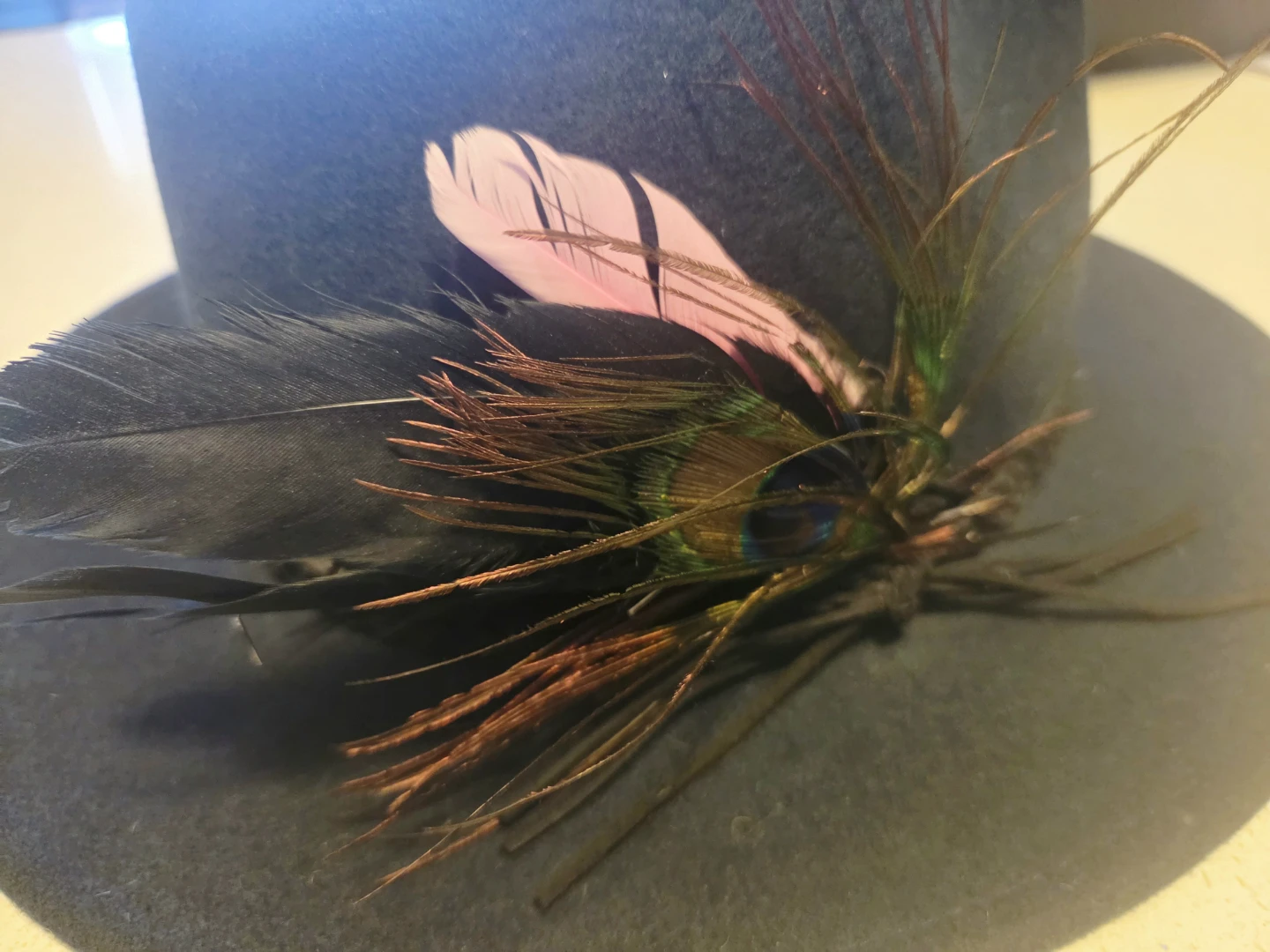 Navy Blue Fedora with Decorative Feathers - photo 2