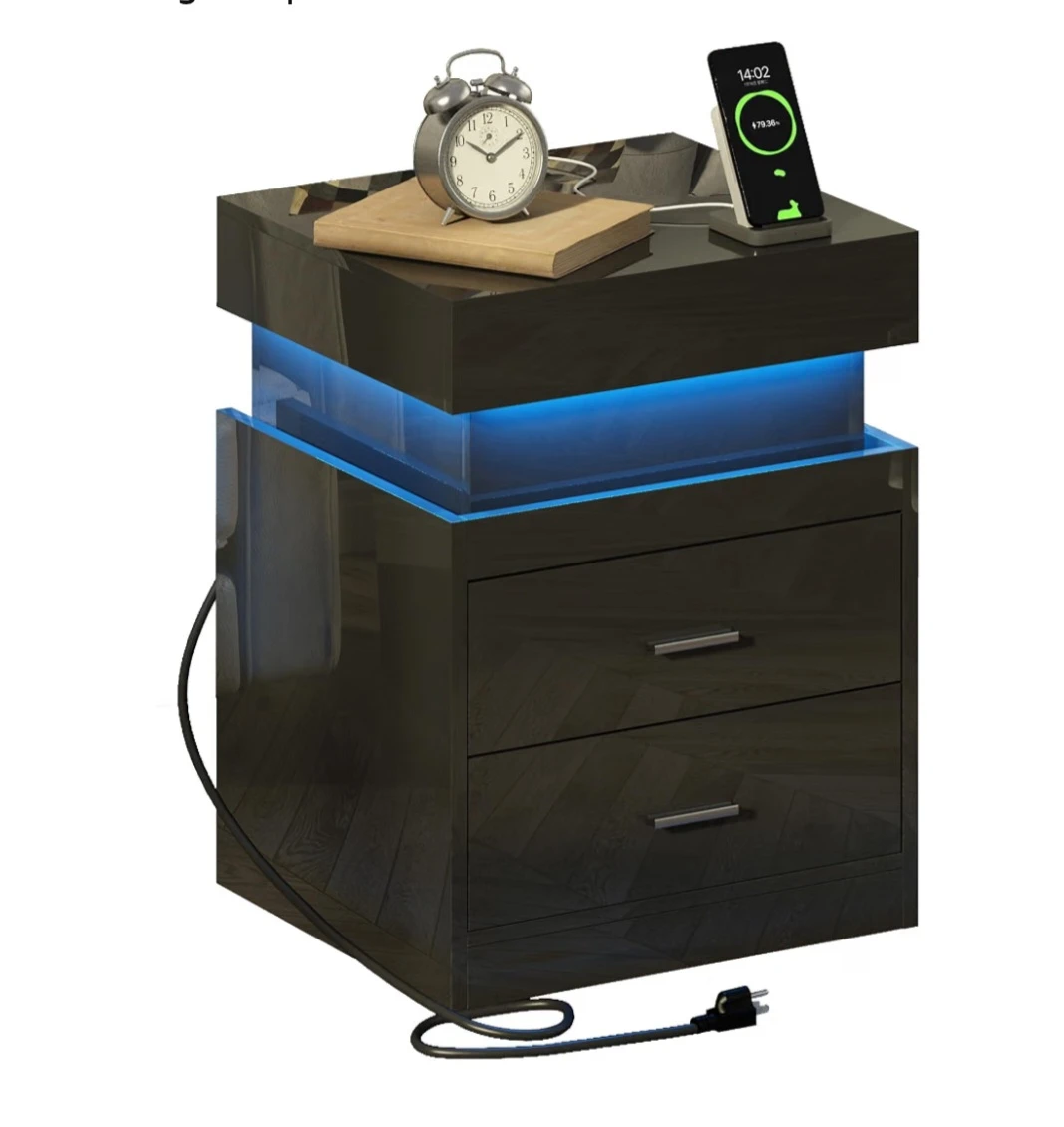 Pair of Modern Black LED Nightstand with Two Drawers