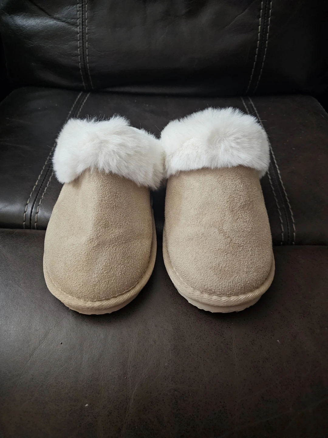 Tan Suede Slippers with White Faux Fur Trim