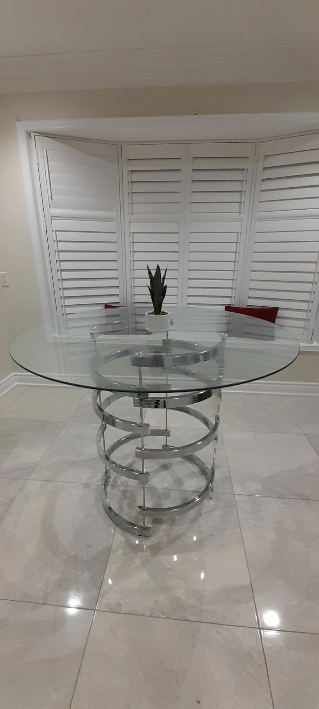 Round Glass Dining Table with Spiral Metal Base