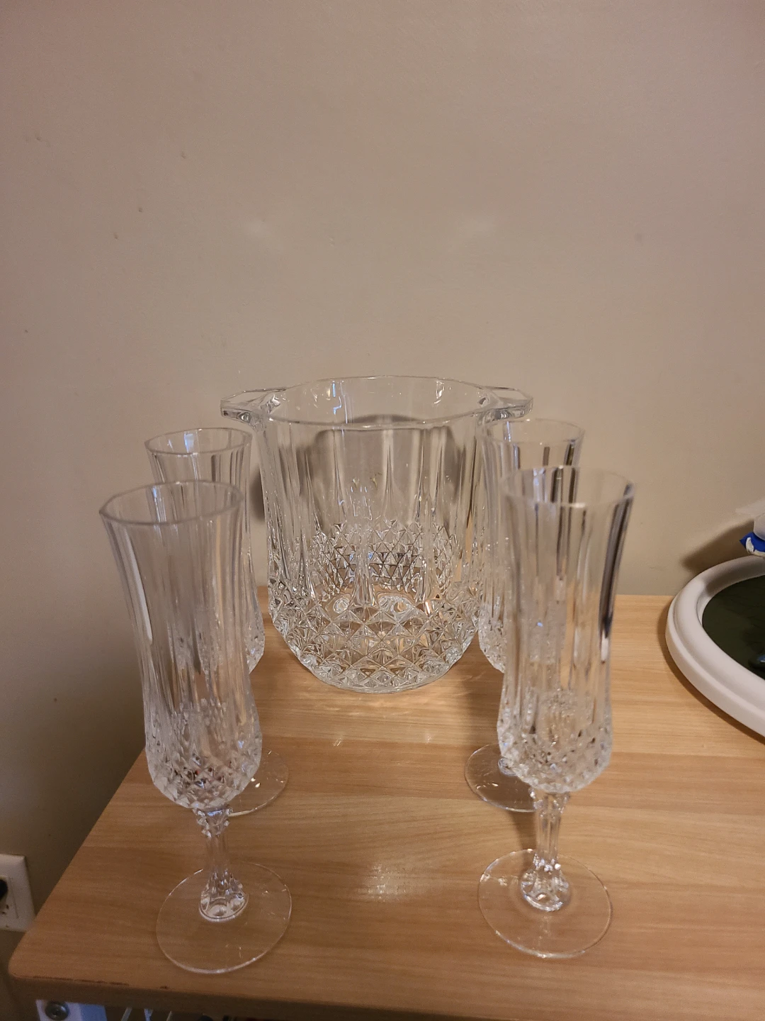 Crystal Ice Bucket and Four Champagne Flutes