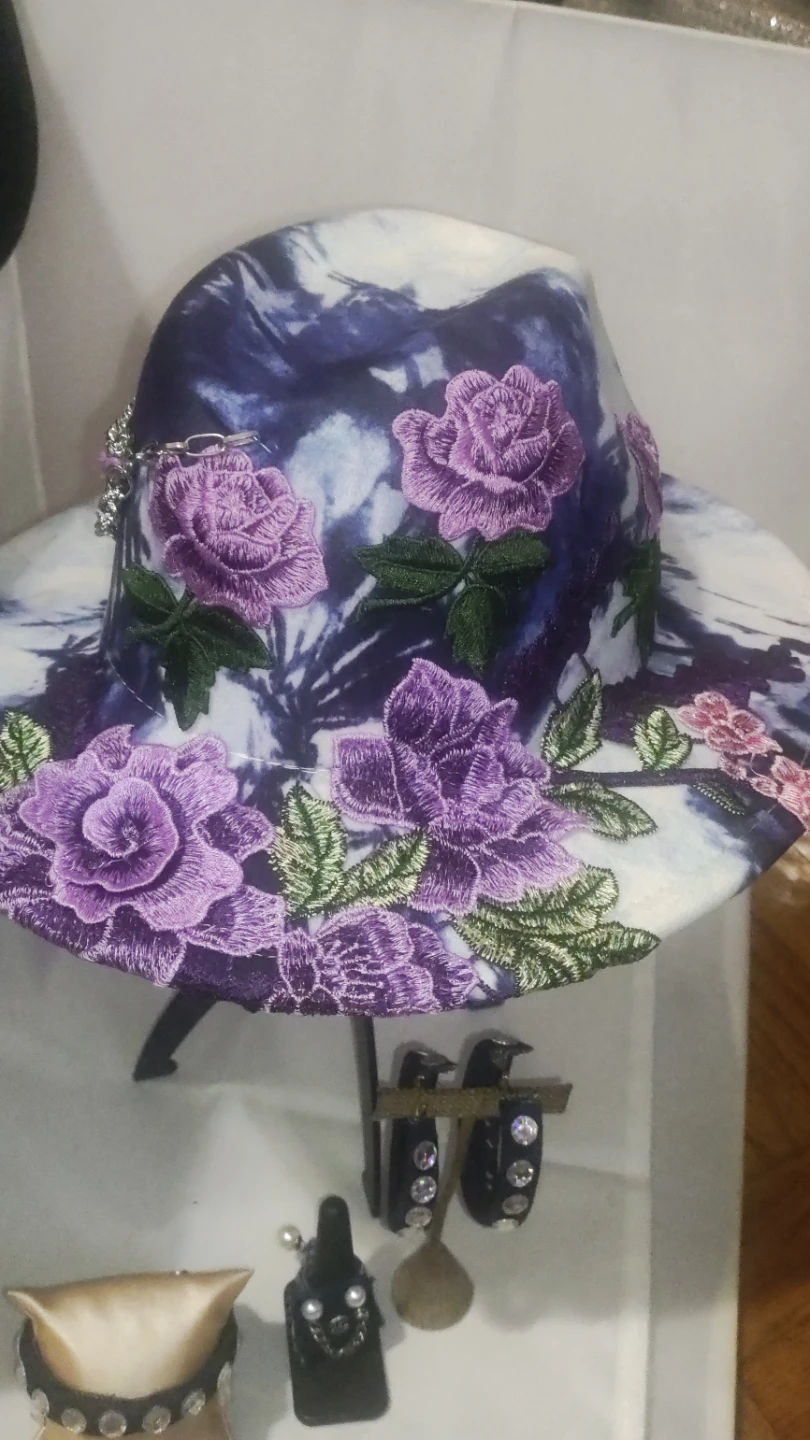 🏈Custom Tie-Dye Fedora with Floral Embroidery and Chains