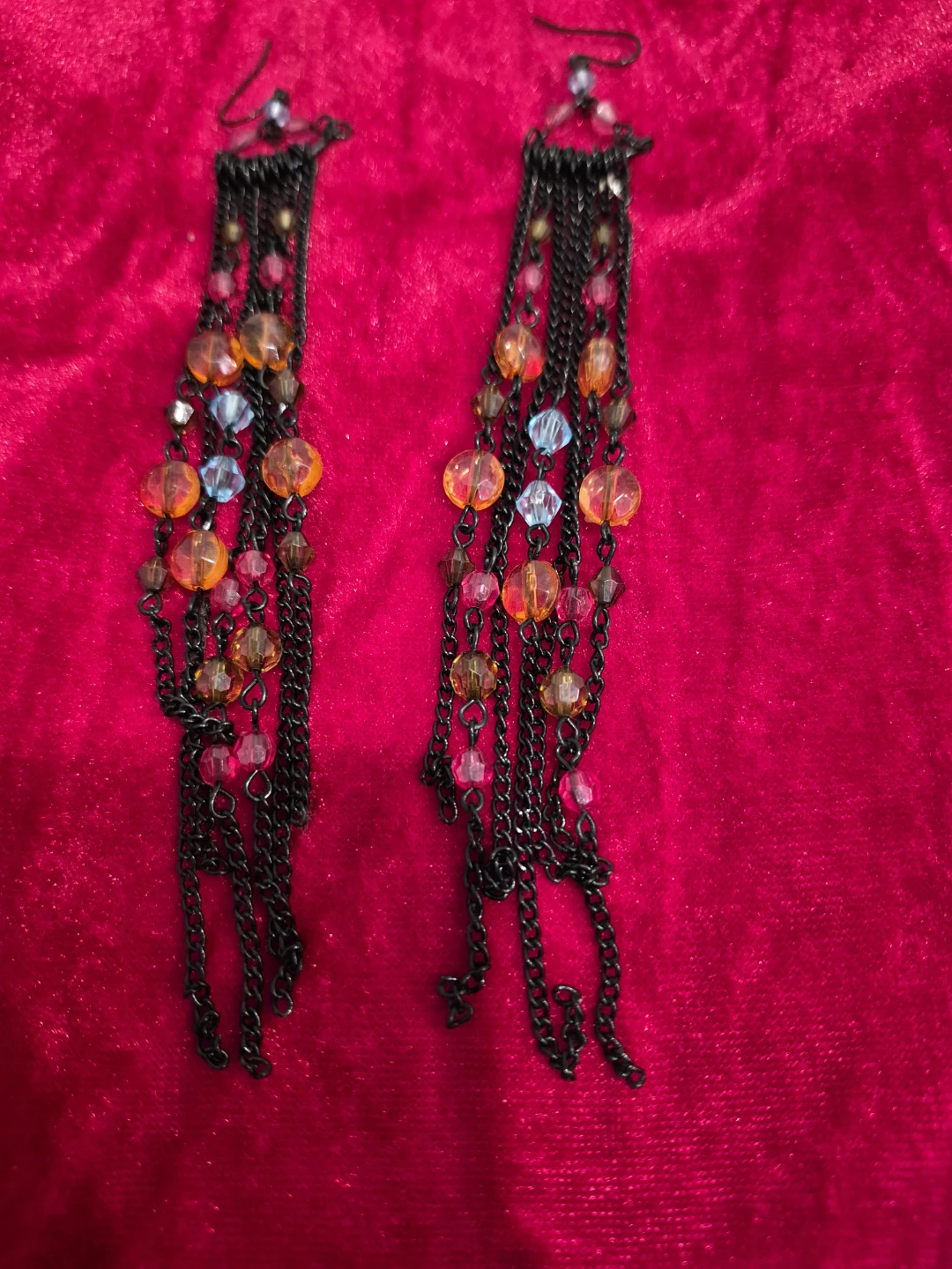 Long Multicoloured Bead and Chain Dangle Earrings