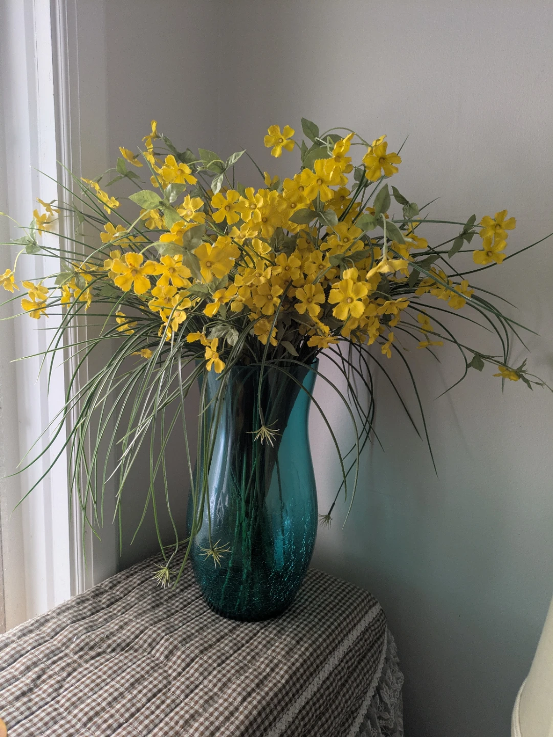 Blue Glass Vase with Yellow Artificial Flowers