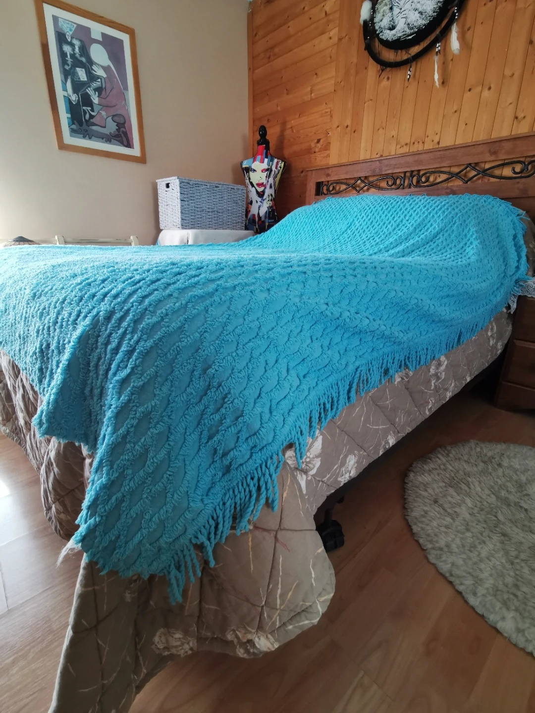 Vintage Aqua Turquoise Chenille Tufted Fringe Throw Bedspread - photo 4