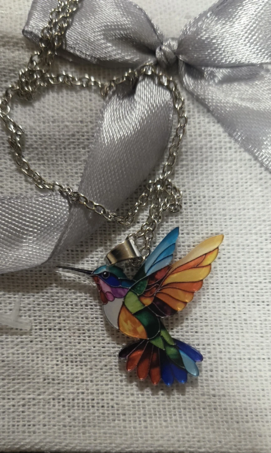 Stained Glass Style Hummingbird Necklace (New with Gift Pouch) - photo 4