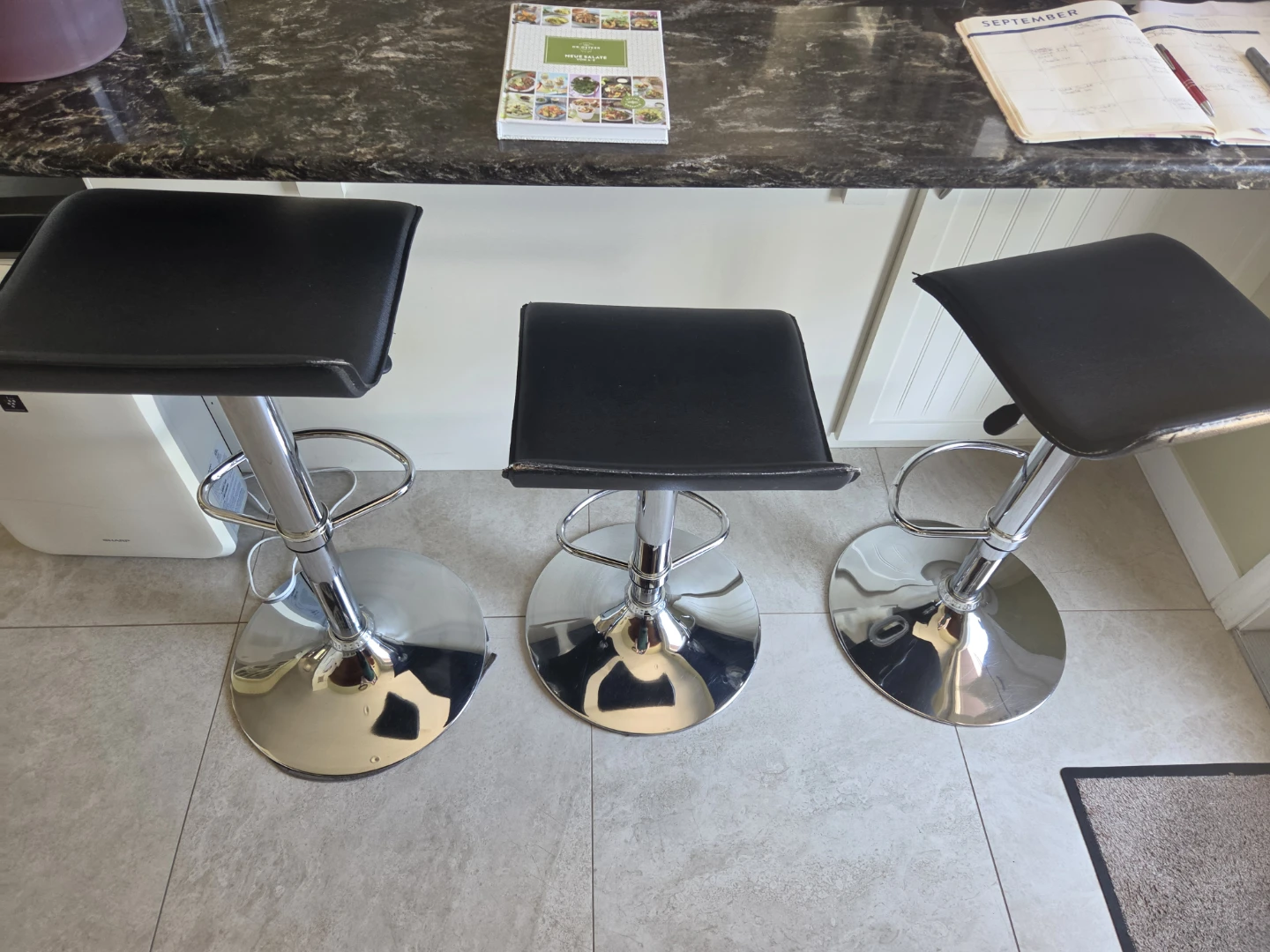 3 Black Faux Leather Bar Stools