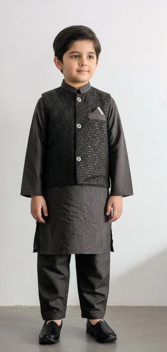 Boys' Grey Kurta Set with Embellished Waistcoat