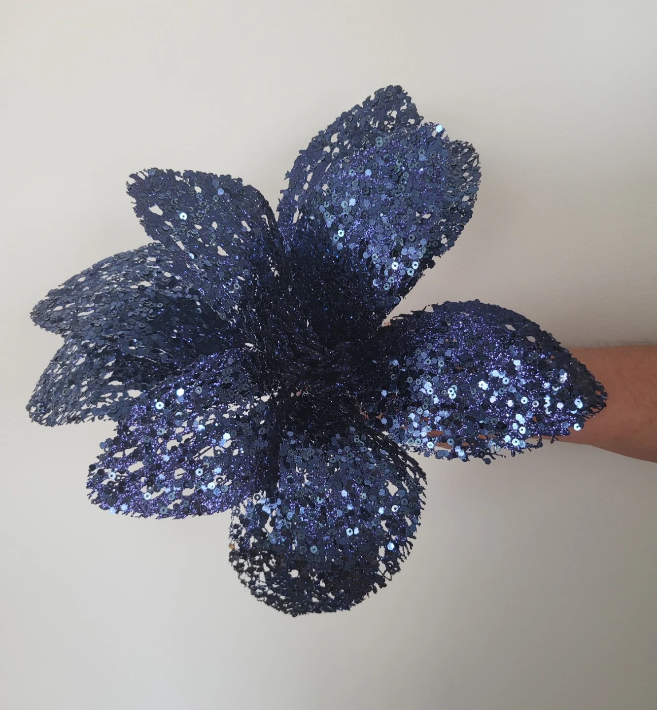 Decorative Navy Blue Sequined Poinsettia Flowers (Set of 12)
