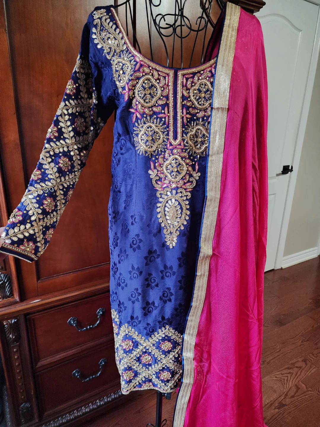 Embroidered Blue Salwar Kameez with Pink Dupatta