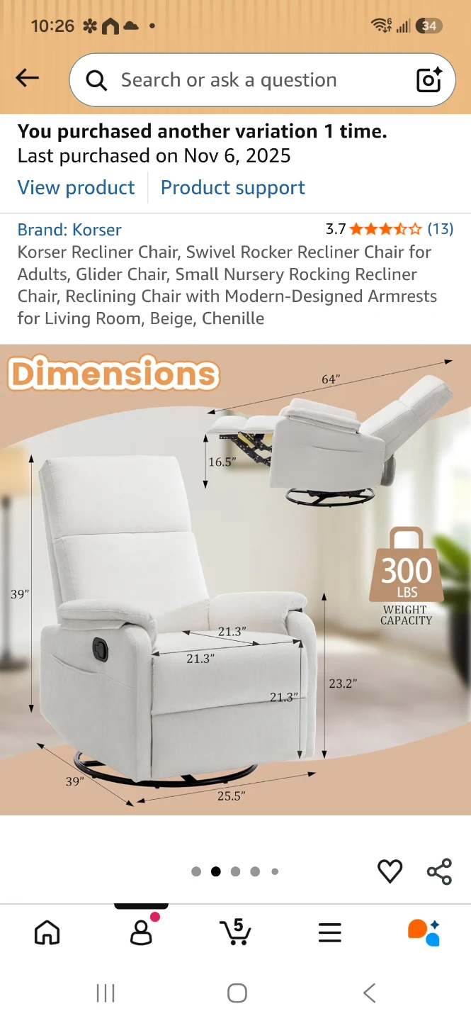 Korser Swivel Glider Recliner Chair -  beige