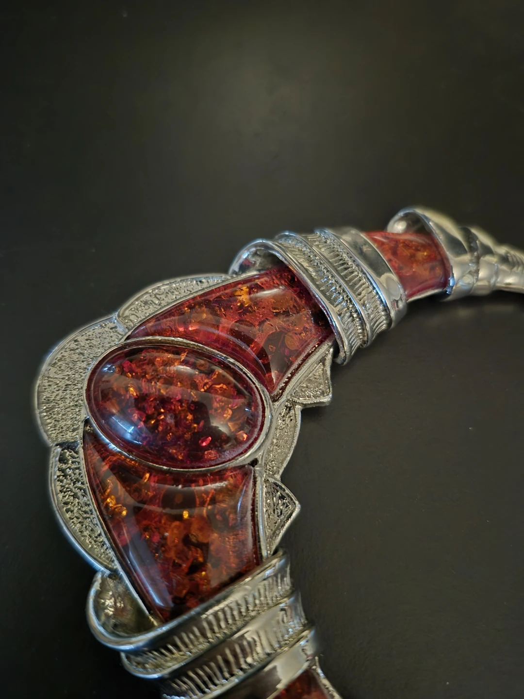 Vintage Silver Tone Amber-Colored Resin Necklace