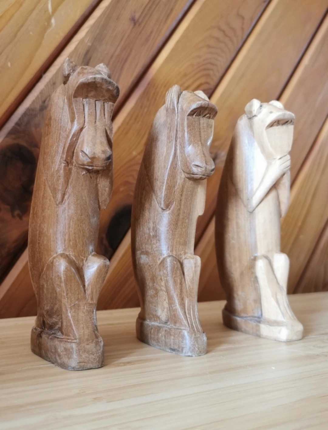 Vintage Hand-Carved Wooden Three Wise Monkeys Figurines