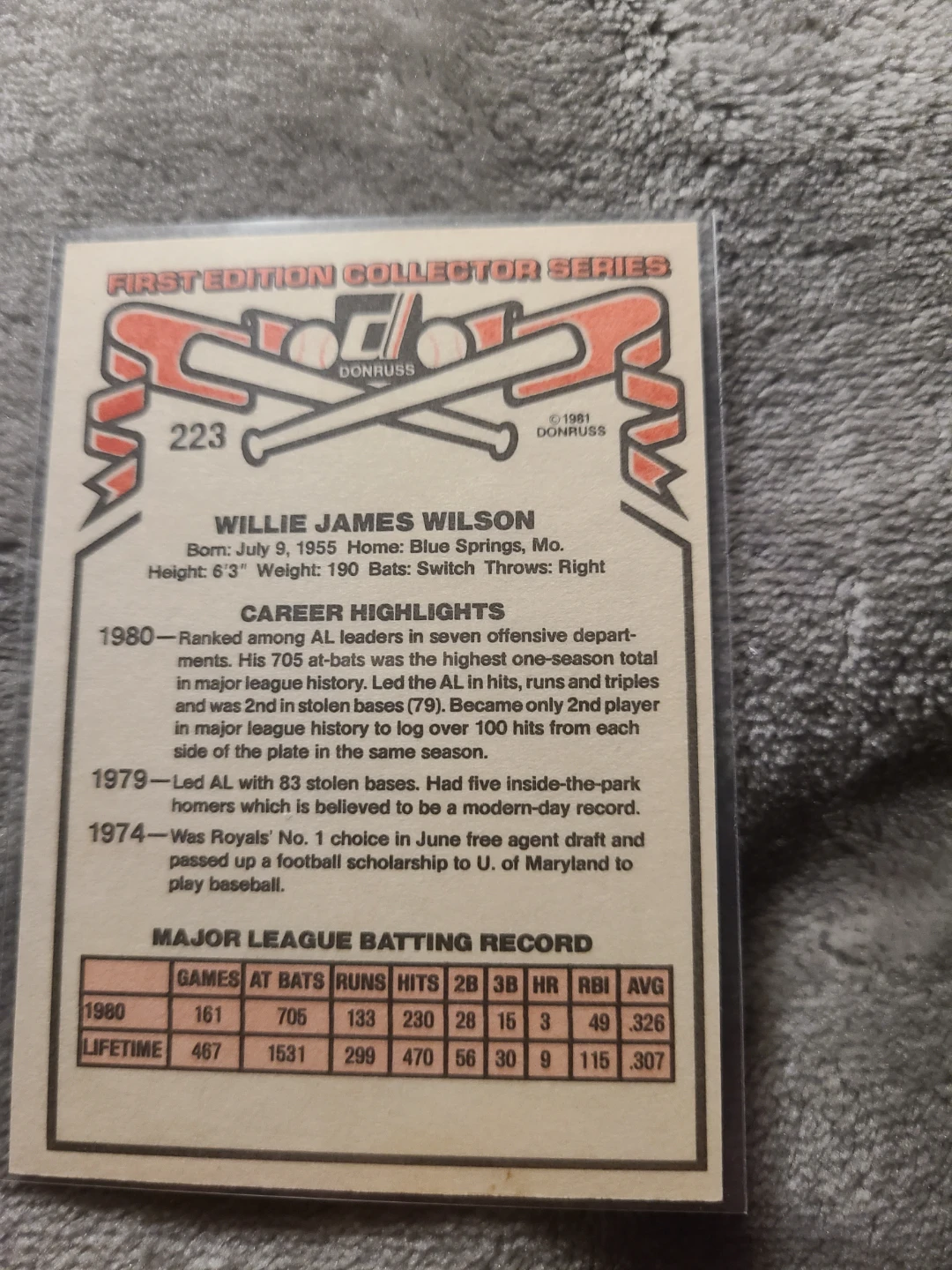1981 Donruss Willie Wilson Baseball Card - photo 2