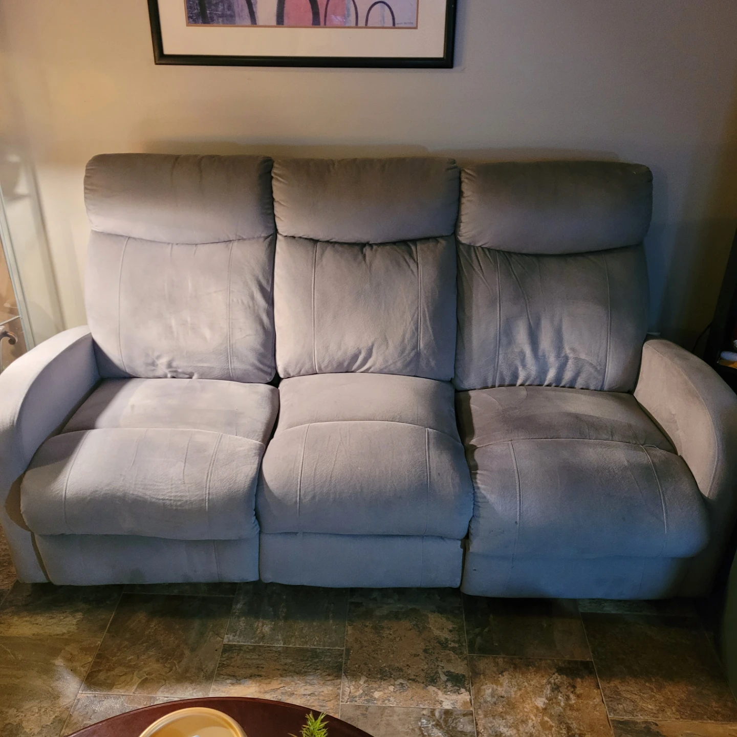 Grey reclining sofa, Must pick up. NEED GONE ASAP. - photo 3