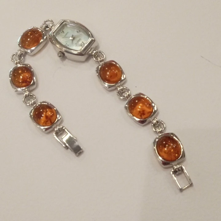 Vintage Badavici Watch With Amber Lucite Cabochons Silvertone