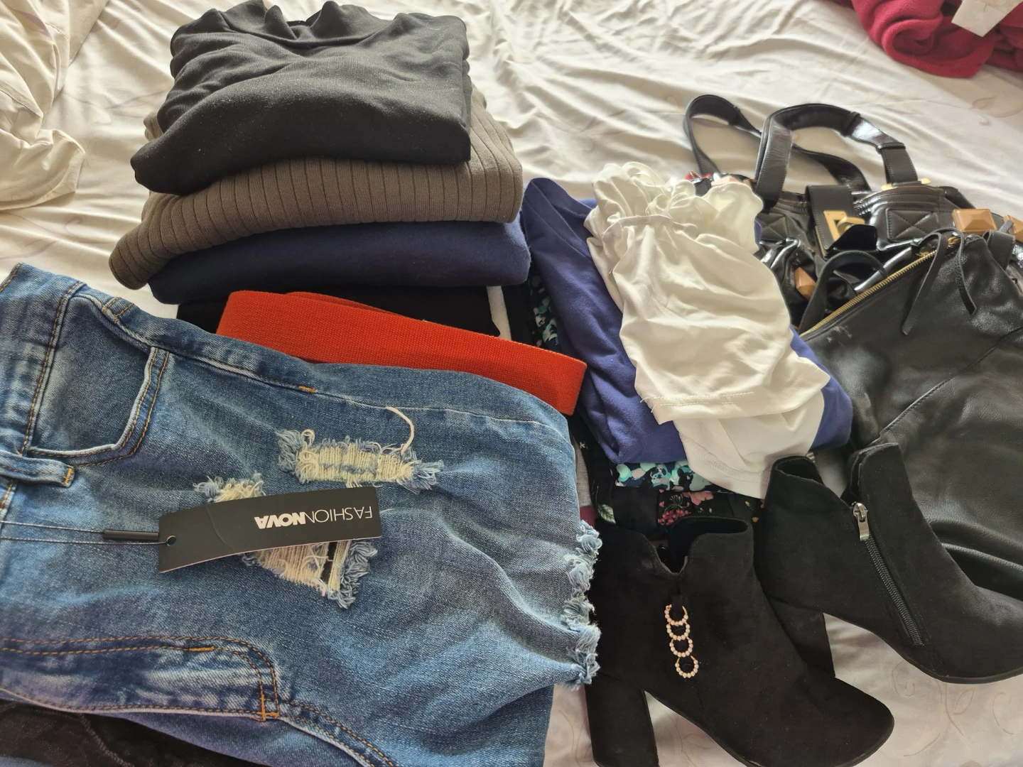 Assorted Women's Clothes, Ankle Boots and Leather Handbags