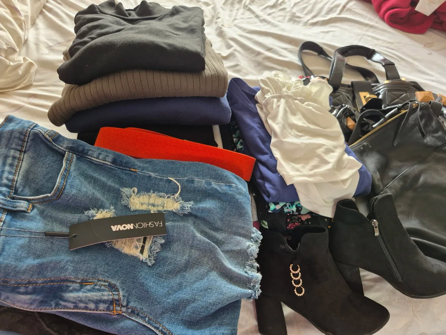 Assorted Women's Clothes, Ankle Boots and Leather Handbags