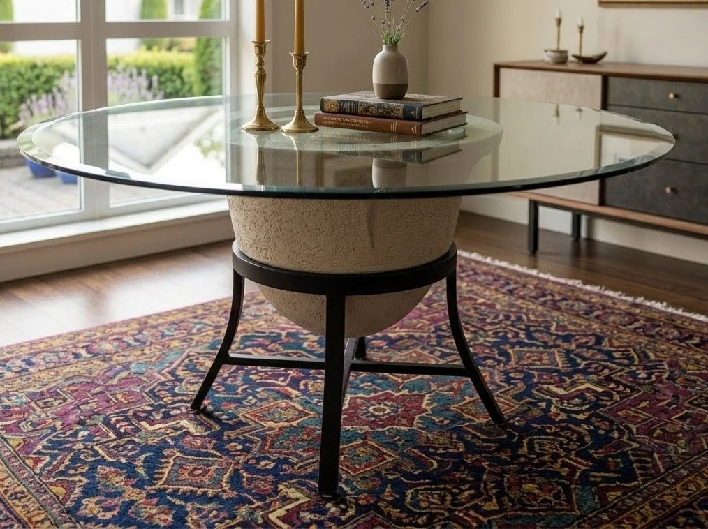 48" Round Glass Top Dining Table – Cast Stone Look Urn Base