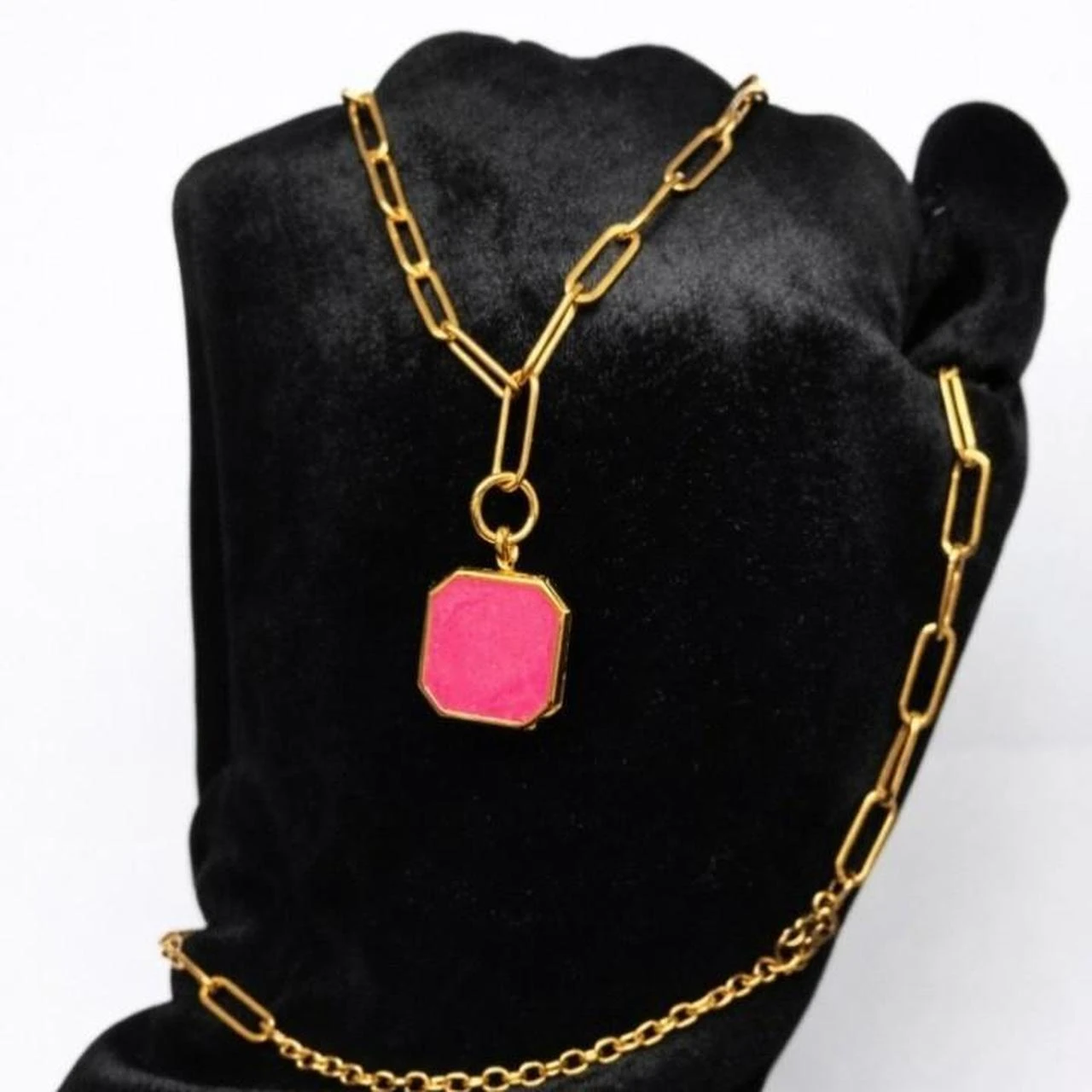 Hot Pink Boho Pendant & Paperclip Necklace Stainless - photo 3