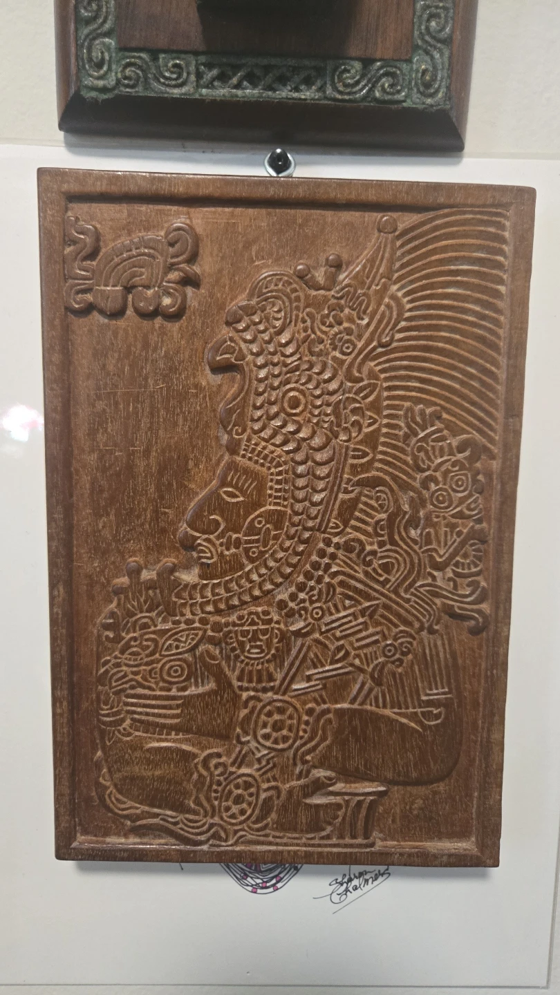 Hand-Carved Lamanai Stela 9 Wood Wall Plaque